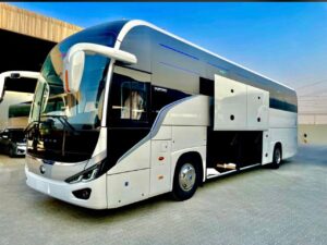 Luxury bus interior with leather seats